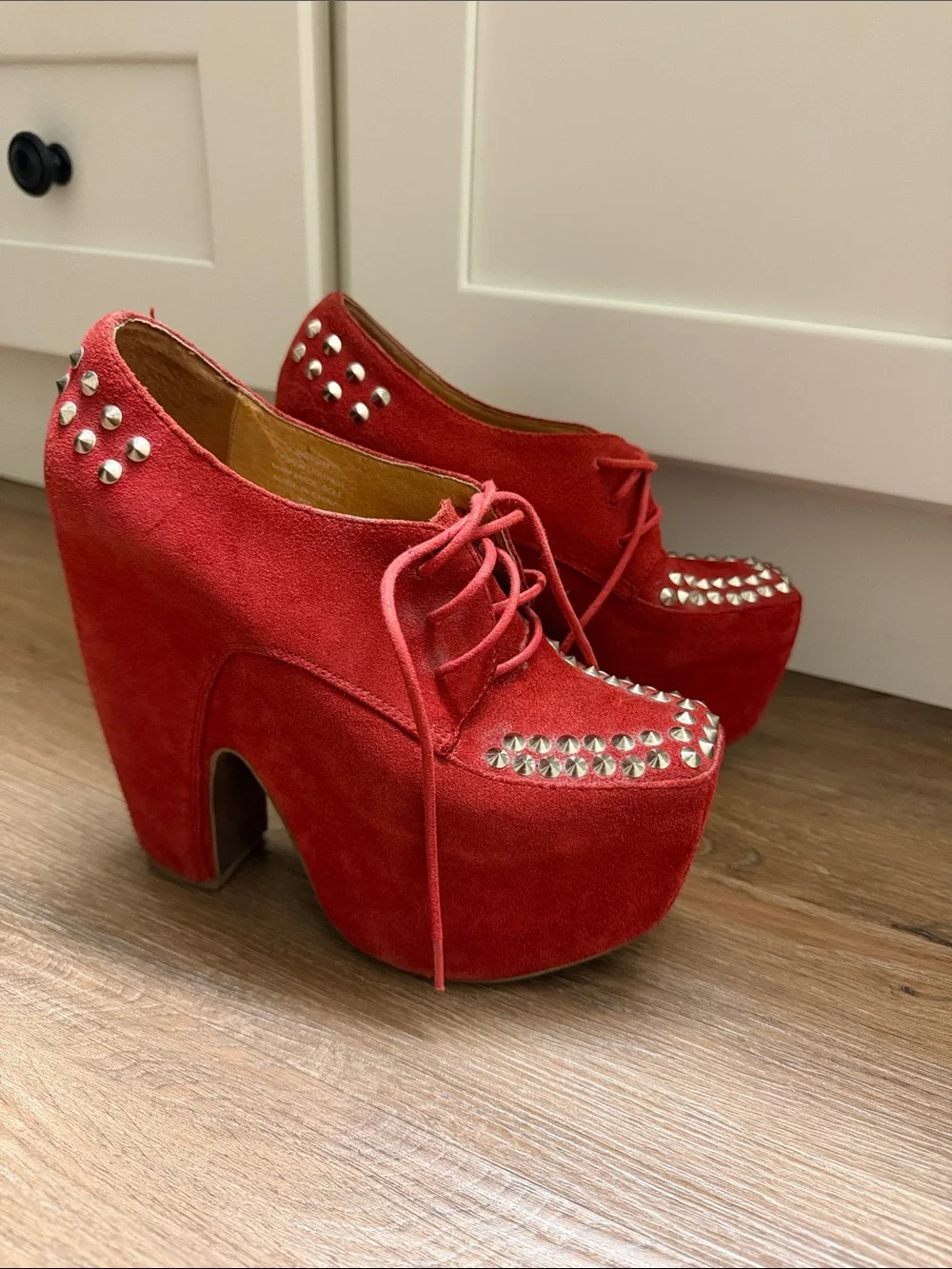 Jeffrey Campbell Red Studded Suede Platform Lace-Up Heels